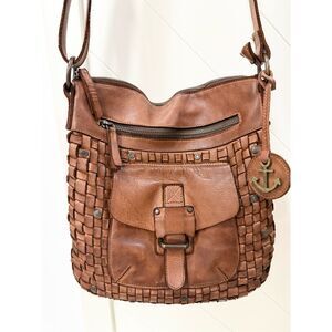 Harbour 2nd Aurora Woven Studded Leather Crossbody Purse Cognac Brown Bag